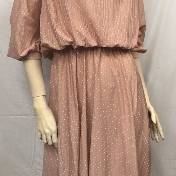 VTG 70s TROLLEY CAR Blush Pleated Bodice Button 3/4" Sleeve Secretary Dress L - Picture 3 of 13